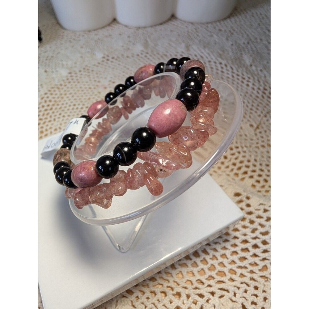 Stretch Bracelet Set- Strawberry Quartz, Black Agate, And Rhodonite